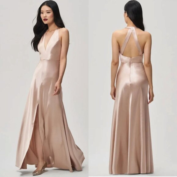 Jenny Yoo Corinne Satin Crepe Dress Halter Maxi Bridesmaid Wedding Petal 4 - Picture 1 of 15